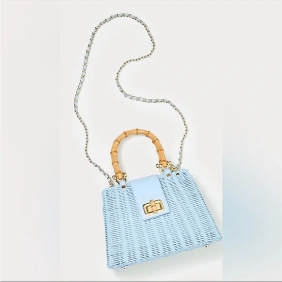 💙 LILLY PULITZER 💙 NWT Leena Top Handle Wicker Bag Bluette with Bamboo Handle - Picture 5 of 9